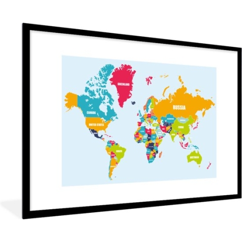 Fotolijst incl. Poster - Wereldkaart - Kleuren - Letters - Kinderen - Jongens - Meisjes - 120x80 cm - Posterlijst