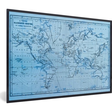Fotolijst incl. Poster - Wereldkaart - Blauw - Lijnen - 90x60 cm - Posterlijst