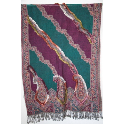 1001musthaves.com Wollen herfst winter dames sjaal in donker petrol met aubergine met applicaties 70 x 180 cm