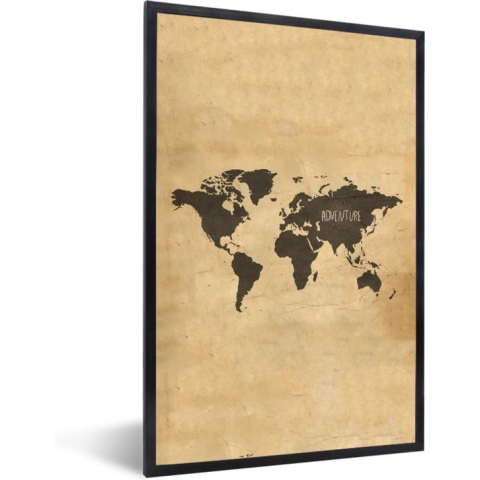 Fotolijst incl. Poster - Wereldkaart - Vintage - Papyrus - Spreuk - 80x120 cm - Posterlijst