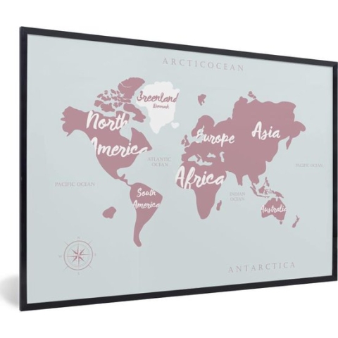 Fotolijst incl. Poster - Wereldkaart - Roze - Letters - 120x80 cm - Posterlijst