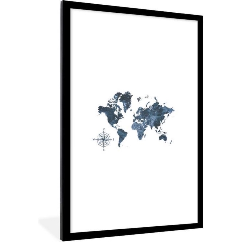 Fotolijst incl. Poster - Wereldkaart - Kompas - Glitter - 80x120 cm - Posterlijst