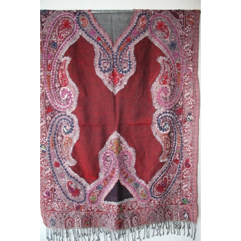 1001musthaves.com Hand geborduurde cashmere wollen dames sjaal in donker paars met bordeauxrood 70 x 180 cm