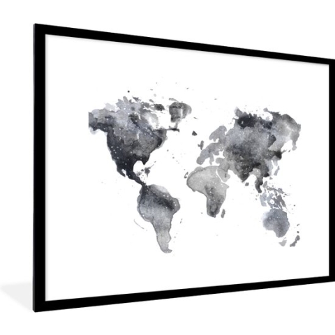Fotolijst incl. Poster - Wereldkaart - Abstract - Grijs - Waterverf - 80x60 cm - Posterlijst