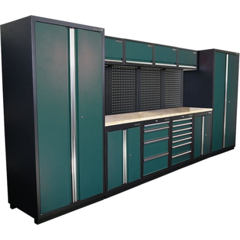 Kraftmeister werkplaatsinrichting - Werkbank met 4 wandkasten, 2 werkplaatskasten en eiken werkblad - Werktafel met 11 laden, 2 opbergkasten en gereedschapswand - Complete set voor werkplaats of garage - Groen