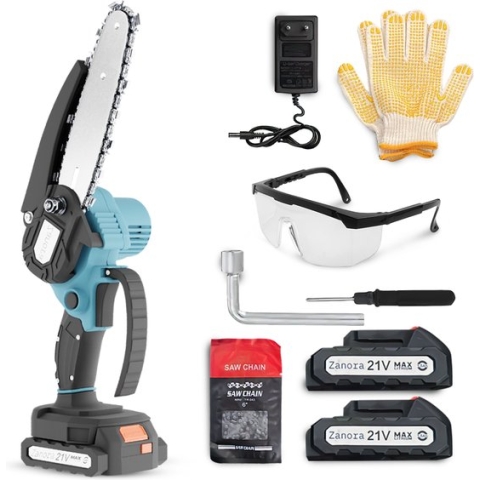 Zanora® Mini Kettingzaag 21V Inclusief 2 Led-Accu's - 15 cm Bladbreedte - Snoeizaag -Geschikt voor Makita Accu's - Inclusief 2 Kettingen - Takkenzaag