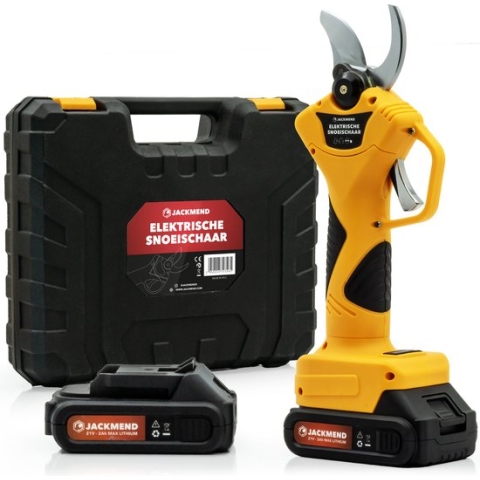 JACKMEND Elektrische Snoeischaar Incl. Opbergkoffer en 2 Accu’s - 35mm Snijdiameter - Professioneel Heggenschaar op Batterij - Draadloos Elektrisch Takkenschaar - Tuin Snoei Schaar voor Knippen & Snoeien van Heggen & Takken - Tuinschaar