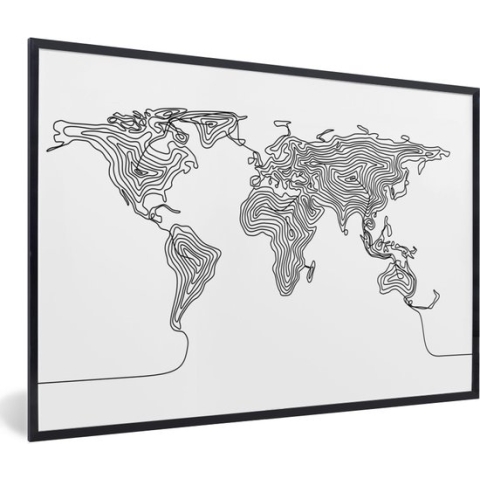 Fotolijst incl. Poster - Wereldkaart - Zwart - Wit - Lijn - 120x80 cm - Posterlijst