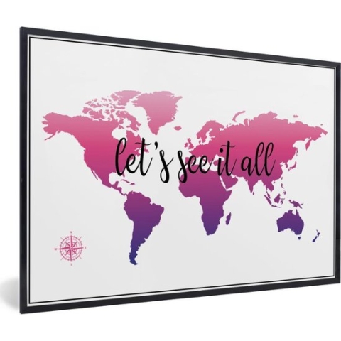 Fotolijst incl. Poster - Wereldkaart - Roze - Kompas - 120x80 cm - Posterlijst