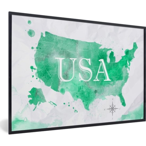 Fotolijst incl. Poster - Wereldkaart - Verenigde Staten - Groen - 90x60 cm - Posterlijst