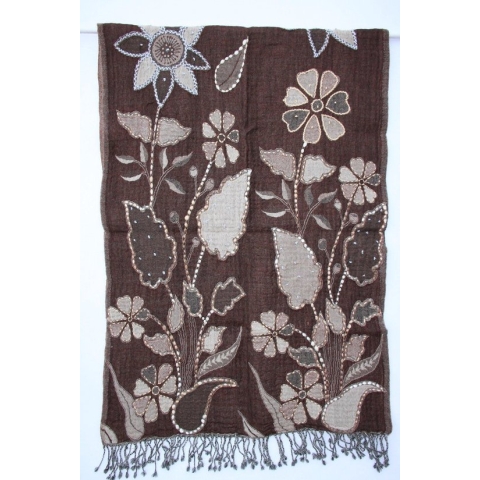 1001musthaves.com Wollen dames sjaal in bruin en beige met borduurwerk 70 x 180 cm