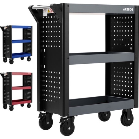 AREBOS Servicetrolley Gereedschapswagen Rollenwagen Assemblagetrolley 3 vakken