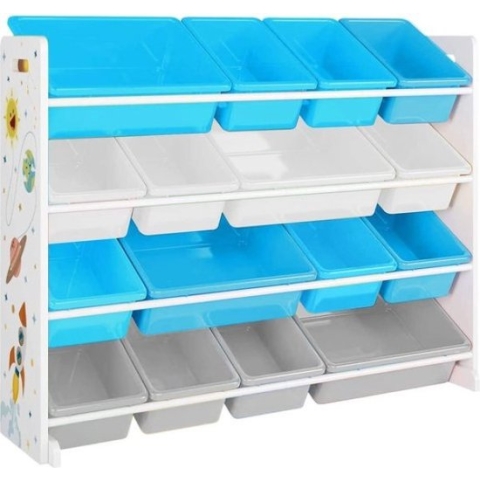 Speelgoedrek, Speelgoed-Organizer, Kinderkamerrek Met 16 Afneembare Pp-Kunststofboxen, 4 Niveaus, Voor Kinderkamer, Speelkamer, Woonkamer, Wit, Blauw En Grijs
