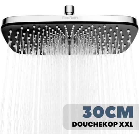 EcoRain – Regendouchekop XL 30 CM – Waterbesparende Douchekop – Hoge Druk – Rechthoekig – Groot – Regendouche - Chrome