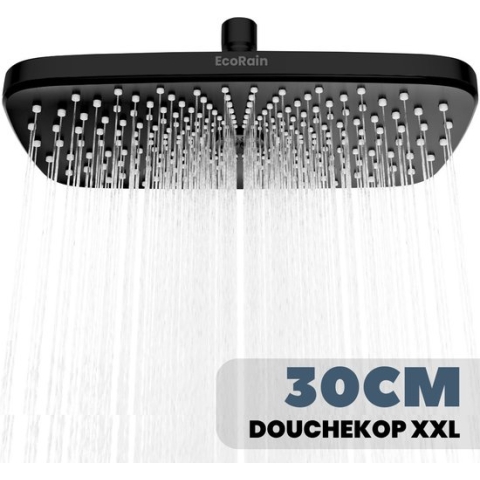 EcoRain – Regendouchekop XL 30 CM – Waterbesparende Douchekop – Hoge Druk – Rechthoekig – Groot – Regendouche - Zwart
