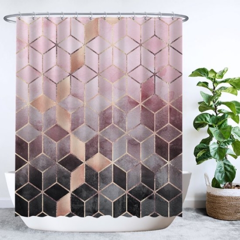 Ulticool Douchegordijn - Marmer Ombre Roze Geometrie - 180 x 200 cm - semi Transparant - met 12 Ringen Wit - anti Schimmel