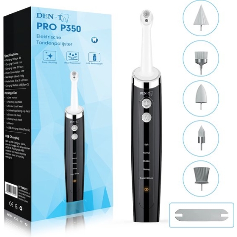 DEN-T® PRO P350 Elektrische Tandenpolijster - Zwart - 5 Standen - 5 Opzetstukken - Polijstmachine - Polijstset - Tanden polijsten -