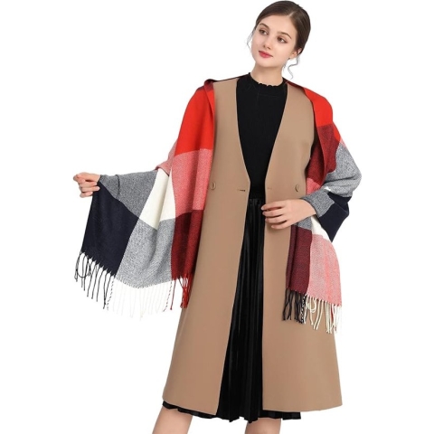 Sjaals voor dames, winter, lang, zacht, warm, geruit, omslagdoeken, wol, franjes, sjaal, stola, das, vrouwen, Rood.