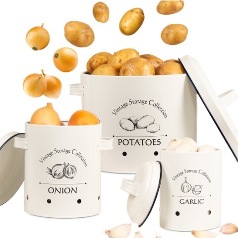 Gadgy Voorraadpotten Set: Aardappelpot en Uienpot en Knoflookpot – 3 Voorraadbussen met Deksel – Aardappelbak - Bewaardoos - Voorraadblikken - Geëmailleerd RVS