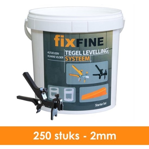 Fixfine -Starter Set - Tegel Levelling Systeem - Tegel Nivelleersysteem - 250 stuks – 2mm - voor wand en vloer tegels - 250x clips 250x wiggen 1 tang
