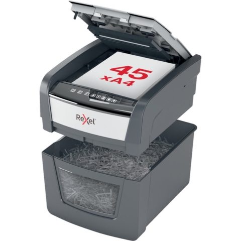 Rexel Optimum AutoFeed+ 45X Fluisterstille Papierversnipperaar P-4 Snippers voor Thuis/Thuiskantoor - Invoer tot 45 Vellen - Zwart