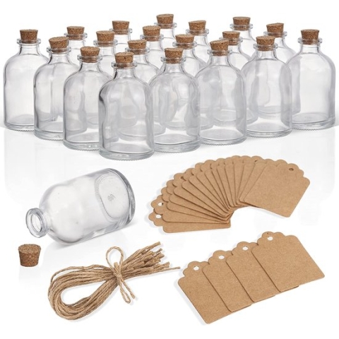 20 Mini Glazen Flesjes met Kurk & Etiketten, 50 ml - Kleine Bewaarpotjes Ideaal voor Bruiloftsdecoratie, Snoep, DIY & Knutselen