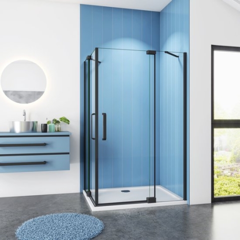 Douchecabine Vierkant Cosmos - 90x90x195 Hoekinstap - 8mm Helder glas - Antikalk - Mat Zwart