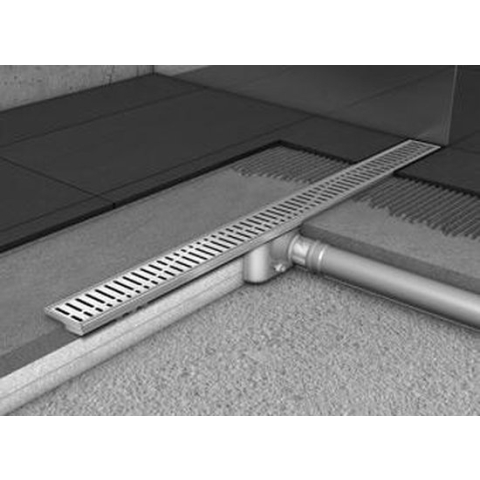 Aco ShowerDrain C douchegoot rvs z.flens z.rooster, 70mm breed, stankslot 25mm 785mm inb. diepte 65mm m. zijuitloop