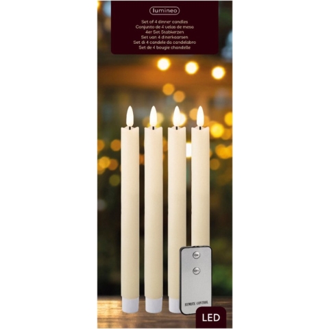 Lumineo | LED kaarsen met afstandsbediening | 4 Dinerkaarsen | Wax | Creme | 24 cm | Flikkerende vlam | LED kaarsen met timer | Veilig
