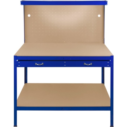 Werkbank Werktafel - 120x60x155 cm - Achterwand Ophangbord + Lade + LED Verlichting + 40 Haken + Blauw