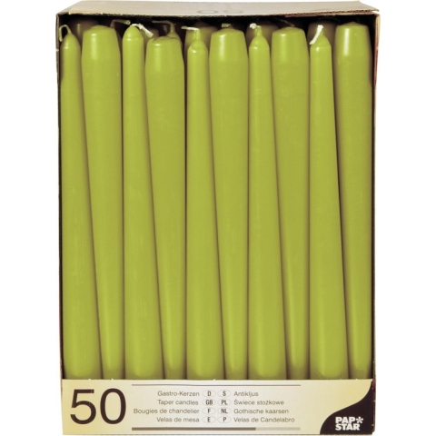 50x stuks Voordeelverpakking dinerkaarsen olijf groen - 25 cm - 7 branduren