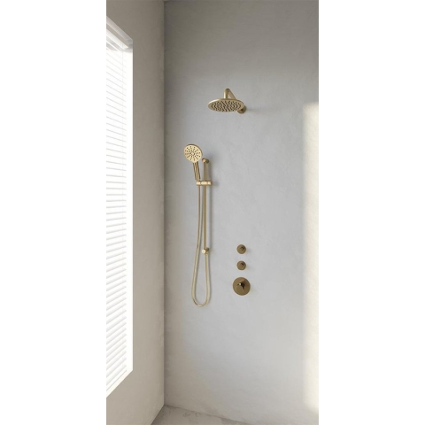 Brauer Gold Edition thermostatische inbouw doucheset - geborsteld goud PVD - hoofddouche 20cm - wandarm gebogen - ronde handdouche - met glijstang