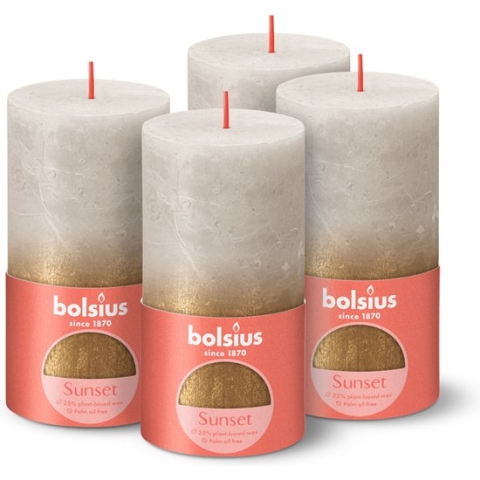Bolsius - Rustieke kaars Sunset - 4 Stuks - Fading Metallic - Lichtgrijs + Goud - 13cm
