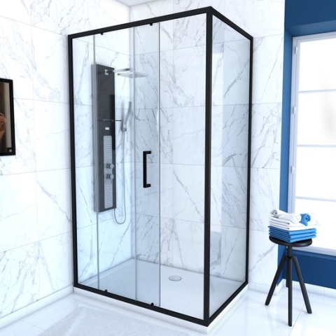 Aurlane douchedeur met schuifdeur + zijwand 100x200cm + 90x200cm - matzwarte aluminium structuur - 5mm dik glas - CRUSH 100-90