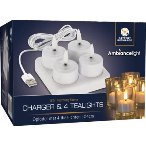 Lader met 4 oplaadbare LED Theelichten- waxinelicht- 4-stuks