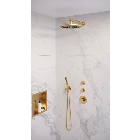 Brauer Gold Edition Regendoucheset inbouw - hoofddouche 30cm - 3 gladde knoppen - rechte wandarm - handdouche staaf 1 stand - PVD - geborsteld goud