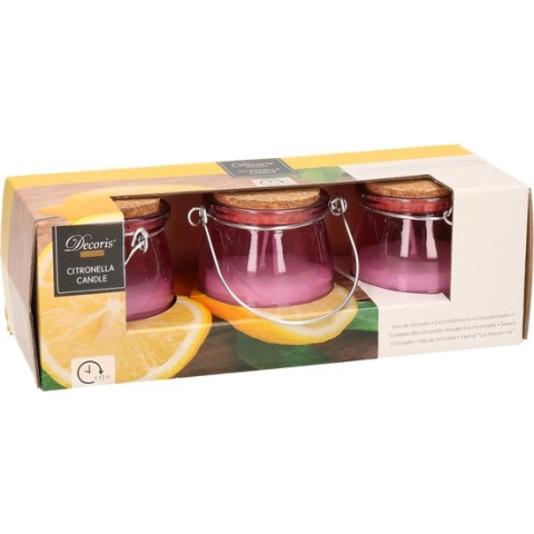 Set van 3x stuks anti muggen Citronella kaars in paars glazen potje - Geurkaarsen citrus geur - Anti-muggen kaarsen