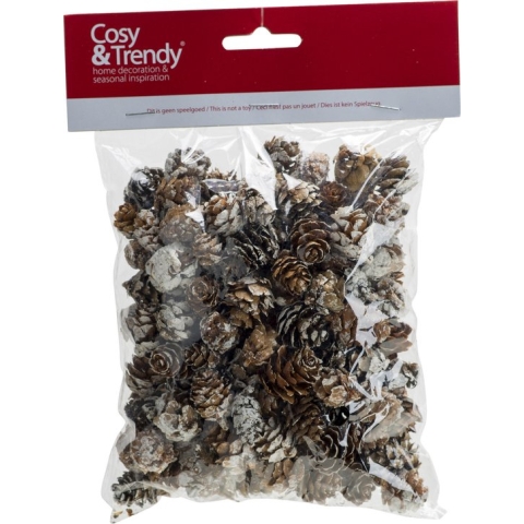 Zak met 100 gram decoratie dennenappels met sneeuw