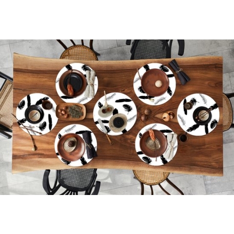 Ronde placemats - Onderlegger - Placemats rond - Veren - Zwart Wit - Patroon - 8 stuks