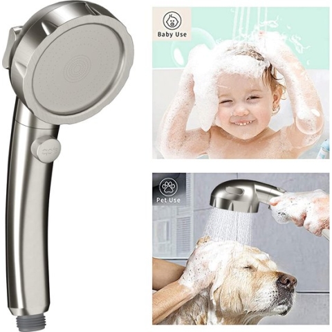 Boorvrije handdouche onder hoge druk met AAN/UIT-pauzeschakelaar 3 straalsoorten Waterbesparende douchekop Afneembare doucheaccessoires voor puppy's (O:douchekop (geborsteld nikkel)+beugel+slang)