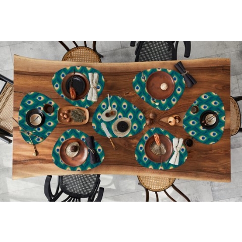 Placemat organisch - Placemats organic - Onderleggers - Design - Pauw - Veren - Groen - Blauw - 8 stuks