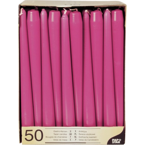 50x stuks Voordeelverpakking dinerkaarsen fuchsia roze - 25 cm - 7 branduren