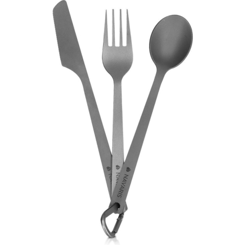 Navaris campingbestek van titanium - Set met vork, mes en lepel - Bestekset voor onderweg en op reis - Inclusief karabijnhaak en bewaarzakje