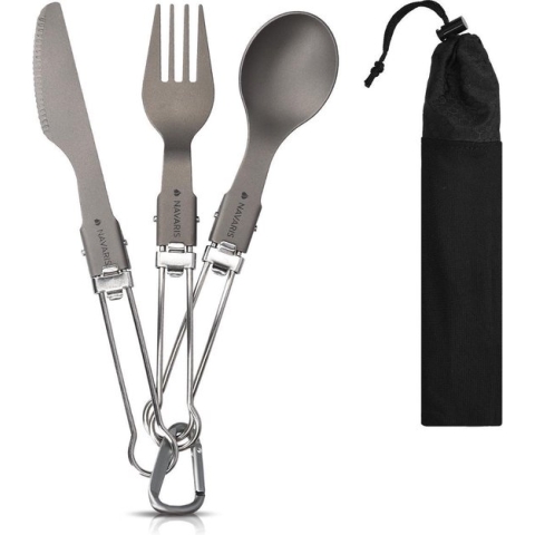 Navaris campingbestek van titanium - Set met vork, mes en lepel - Inklapbaar - Bestekset voor onderweg - Inclusief karabijnhaak en bewaarzakje