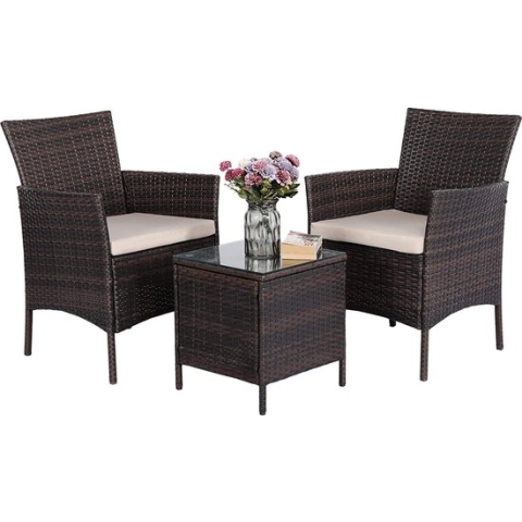 MaxxGarden Tuinset - Set van 2 tuinstoelen - kunststof 3 delig - rattan met kussens - Bruin