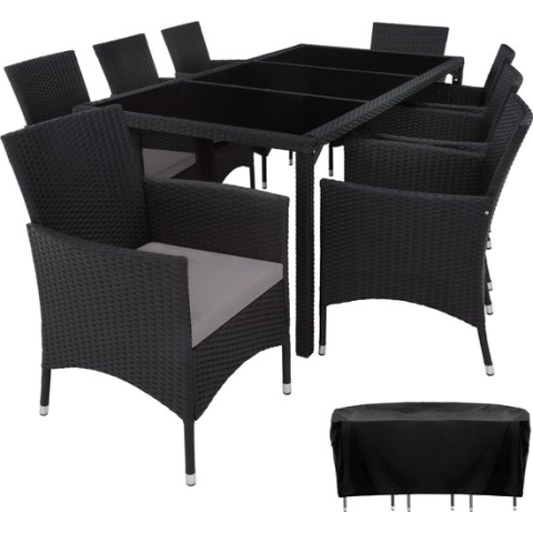 tectake - Wicker zitgroep 8 stoelen en tafel - incl. beschermhoes - zwart/grijs - 404327