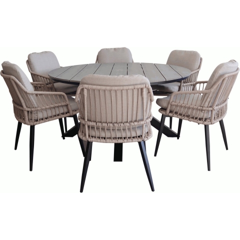 7-delige ronde tuinset | 6 Isabel tuinstoelen (Sand) | ø150cm Cyprus tuintafel (Grey)