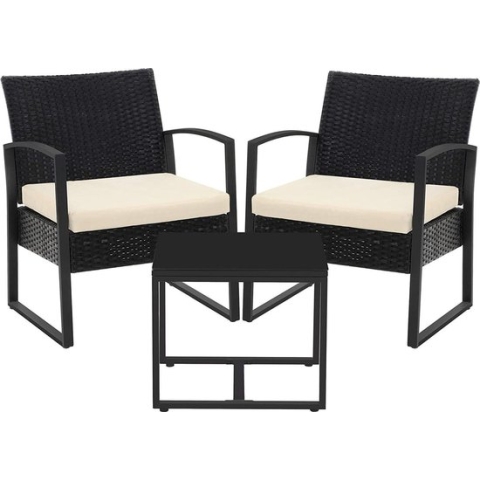 Tuinmeubelset, 3-delige set, van polyrotan, voor outdoor, terras, balkon, tuin, eenvoudige montage, bijzettafel en 2 stoelen, zwart-beige