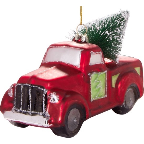 BRUBAKER Pick-Up Truck met Rode Kerstboom - Handbeschilderde Kerstballen van Glas - Handgeblazen Kerstboomversieringen Grappige Figuren Decoratie Hangers Boombal - 14,2 cm