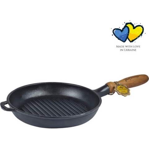 MAYSTERNYA Grillpan gietijzer met houten handvat - ø 24 x 4 cm - Gietijzeren pan voor alle warmtebronnen - Pannenset - Cadeau - PFAS vrij - Zwart